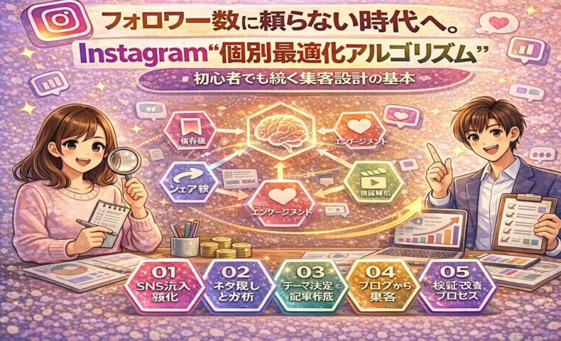 Instagramアルゴリズム最新運用を解説する図解イラスト。フォロワー数に依存しない集客設計と、エンゲージメント・リール・分析プロセスの関係性を示している。