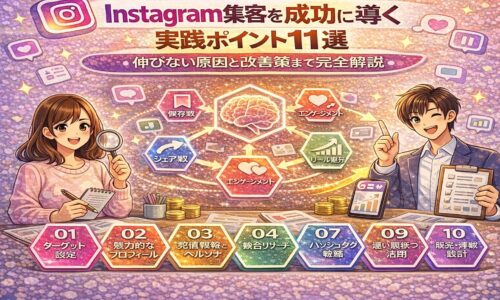 Instagram集客を成功に導く実践ポイント11選を図解で解説。フォロワー数に頼らず、エンゲージメント・保存数・シェア数・リール活用・ハッシュタグ最適化など、Instagram集客が伸びない原因と改善策をまとめたイラスト