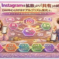 Instagramのアルゴリズムが拡散型から共有・DM重視へ変化したことを示す図解。シェアされる投稿設計、保存・エンゲージメント・DM交流の重要性を解説しているイラスト。
