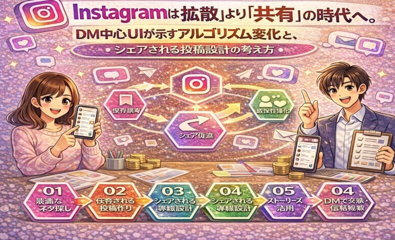 Instagramのアルゴリズムが拡散型から共有・DM重視へ変化したことを示す図解。シェアされる投稿設計、保存・エンゲージメント・DM交流の重要性を解説しているイラスト。