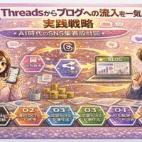 Threadsからブログへの流入を増やす実践戦略を解説する図解。保存・シェアを起点に、AI分析とCTA設計で成果が出るSNS集客の流れを示している。