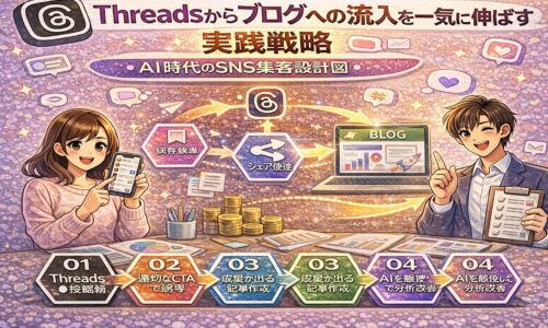 Threadsからブログへの流入を増やす実践戦略を解説する図解。保存・シェアを起点に、AI分析とCTA設計で成果が出るSNS集客の流れを示している。