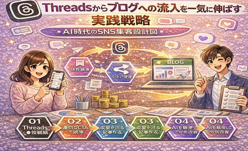 Threadsからブログへの流入を増やす実践戦略を解説する図解。保存・シェアを起点に、AI分析とCTA設計で成果が出るSNS集客の流れを示している。