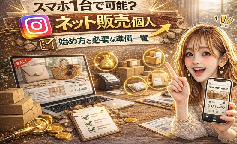 「スマホ1台で可能？ネット販売 始め方と必要な準備一覧」と大きく表示されたアイキャッチ画像。ゴールド基調の背景に、ネットショップ画面を映したノートパソコン、梱包用の段ボール、チェックリスト、売上グラフ付きスマートフォンが配置されている。女性がスマホを持ち、指を立てて解説しているデザイン。