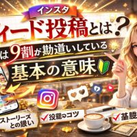 インスタ フィード投稿とは何かを解説するアイキャッチ画像。大きく「フィード投稿とは？」と強調された立体文字と、「実は9割が勘違いしている基本の意味」というコピーが配置されている。スマートフォン画面にInstagramの投稿一覧が表示され、女性が驚いた表情で指を差しているゴールド基調のインパクトあるデザイン。