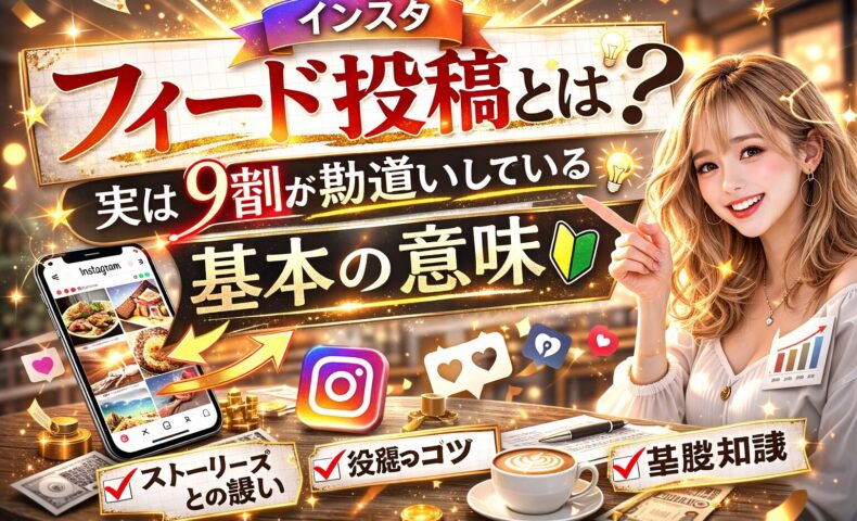 インスタ フィード投稿とは何かを解説するアイキャッチ画像。大きく「フィード投稿とは？」と強調された立体文字と、「実は9割が勘違いしている基本の意味」というコピーが配置されている。スマートフォン画面にInstagramの投稿一覧が表示され、女性が驚いた表情で指を差しているゴールド基調のインパクトあるデザイン。
