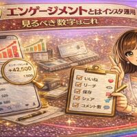 エンゲージメントとはインスタ運用の答え合わせをテーマに、スマホのインサイト画面と上昇グラフ、いいね・リーチ・保存・シェア・コメントのチェックリストを配置した分析型アイキャッチ画像