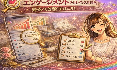 エンゲージメントとはインスタ運用の答え合わせをテーマに、スマホのインサイト画面と上昇グラフ、いいね・リーチ・保存・シェア・コメントのチェックリストを配置した分析型アイキャッチ画像