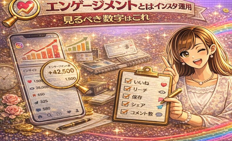 エンゲージメントとはインスタ運用の答え合わせをテーマに、スマホのインサイト画面と上昇グラフ、いいね・リーチ・保存・シェア・コメントのチェックリストを配置した分析型アイキャッチ画像