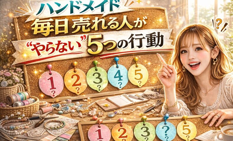 「ハンドメイド 毎日売れる人が“やらない”5つの行動」と大きく強調されたアイキャッチ画像。赤とゴールドを基調としたインパクトあるデザインで、ハンドメイド作品（アクセサリーや小物）が並び、驚いた表情の女性が指を立てている構図。注意喚起をイメージさせるバツ印やチェックマークの演出が入っている。