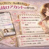 可愛いプロフィールの書き方を解説するアイキャッチ画像。スマホに表示されたインスタプロフィール画面と、「垢抜けるプロフィールのコツ」チェックリストが並び、女性がペンを持って紹介しているデザイン。