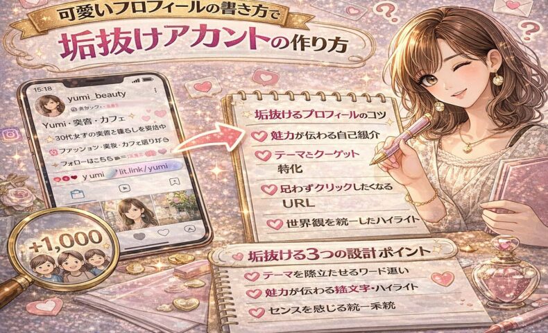 可愛いプロフィールの書き方を解説するアイキャッチ画像。スマホに表示されたインスタプロフィール画面と、「垢抜けるプロフィールのコツ」チェックリストが並び、女性がペンを持って紹介しているデザイン。