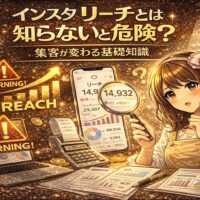 インスタ リーチとは知らないと危険？をテーマにしたアイキャッチ画像。ゴールド背景にWARNINGマークと上昇グラフ、スマホのリーチ数を虫眼鏡で確認する女性が描かれ、分析の重要性を強調しているデザイン。