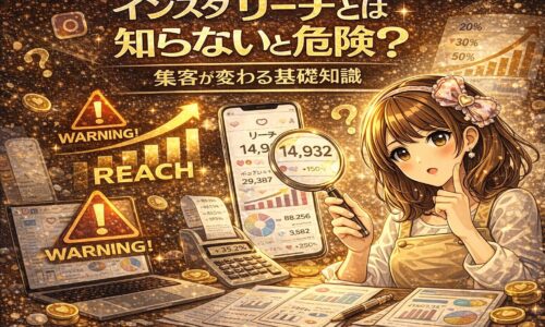 インスタ リーチとは知らないと危険？をテーマにしたアイキャッチ画像。ゴールド背景にWARNINGマークと上昇グラフ、スマホのリーチ数を虫眼鏡で確認する女性が描かれ、分析の重要性を強調しているデザイン。