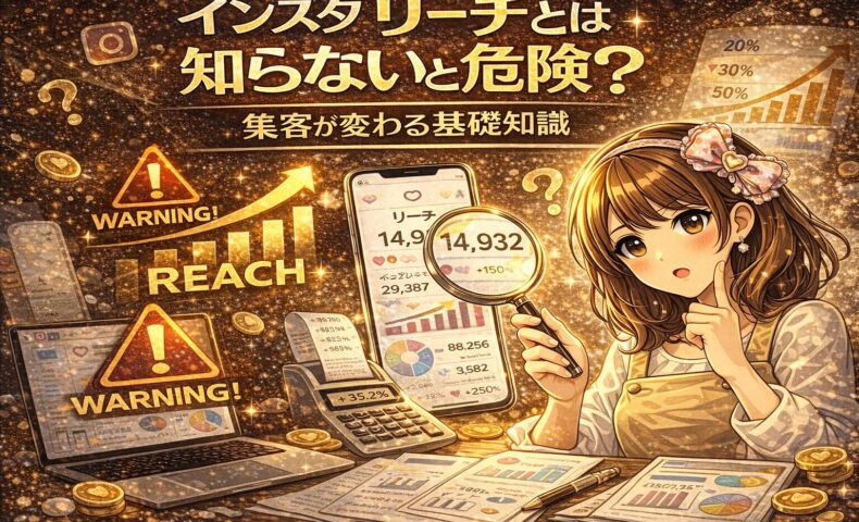 インスタ リーチとは知らないと危険？をテーマにしたアイキャッチ画像。ゴールド背景にWARNINGマークと上昇グラフ、スマホのリーチ数を虫眼鏡で確認する女性が描かれ、分析の重要性を強調しているデザイン。