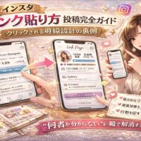 インスタリンク貼り方投稿完全ガイドのアイキャッチ画像。スマホ画面にリンクページの例が表示され、矢印で導線設計を示し、「クリックされる導線設計の裏側」「“何者か分からない”を一瞬で解消する方法」と大きく書かれたデザイン。