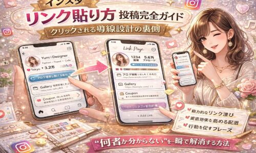 インスタリンク貼り方投稿完全ガイドのアイキャッチ画像。スマホ画面にリンクページの例が表示され、矢印で導線設計を示し、「クリックされる導線設計の裏側」「“何者か分からない”を一瞬で解消する方法」と大きく書かれたデザイン。