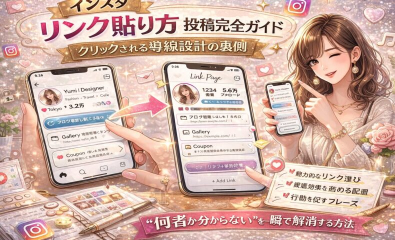 インスタリンク貼り方投稿完全ガイドのアイキャッチ画像。スマホ画面にリンクページの例が表示され、矢印で導線設計を示し、「クリックされる導線設計の裏側」「“何者か分からない”を一瞬で解消する方法」と大きく書かれたデザイン。