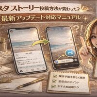 「インスタ ストーリー投稿方法が変わった？最新アップデート対応マニュアル」と大きく表示されたアイキャッチ画像。ゴールド基調の背景に、ビフォー・アフターのストーリー画面を表示した2台のスマートフォン、操作チェックリスト、マニュアルノート、スマートフォンを持つ女性が描かれている。