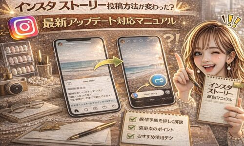 「インスタ ストーリー投稿方法が変わった？最新アップデート対応マニュアル」と大きく表示されたアイキャッチ画像。ゴールド基調の背景に、ビフォー・アフターのストーリー画面を表示した2台のスマートフォン、操作チェックリスト、マニュアルノート、スマートフォンを持つ女性が描かれている。