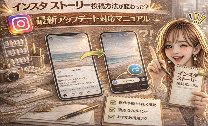 「インスタ ストーリー投稿方法が変わった？最新アップデート対応マニュアル」と大きく表示されたアイキャッチ画像。ゴールド基調の背景に、ビフォー・アフターのストーリー画面を表示した2台のスマートフォン、操作チェックリスト、マニュアルノート、スマートフォンを持つ女性が描かれている。