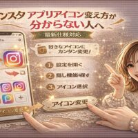 「インスタ アプリアイコン変え方が分からない人へ｜最新仕様対応」と大きく表示されたアイキャッチ画像。ゴールドとピンクを基調に、スマホ画面に複数のInstagram風アイコンが並び、矢印で変更手順が示されている。中央には「設定を開く→隠し機能を探す→アイコン選択」の3ステップ解説。右側には指差しポーズの女性イラストと「？！」マークが配置され、初心者向けの分かりやすさを強調している。