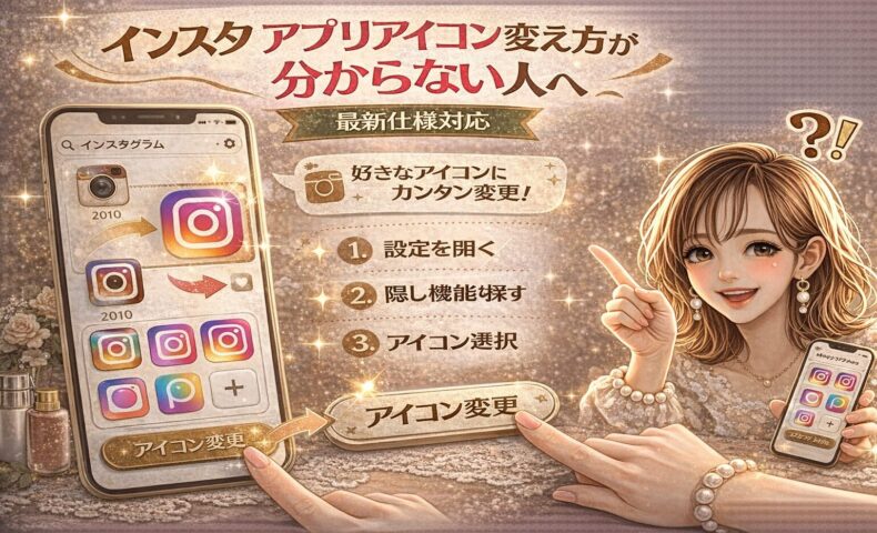 「インスタ アプリアイコン変え方が分からない人へ｜最新仕様対応」と大きく表示されたアイキャッチ画像。ゴールドとピンクを基調に、スマホ画面に複数のInstagram風アイコンが並び、矢印で変更手順が示されている。中央には「設定を開く→隠し機能を探す→アイコン選択」の3ステップ解説。右側には指差しポーズの女性イラストと「？！」マークが配置され、初心者向けの分かりやすさを強調している。
