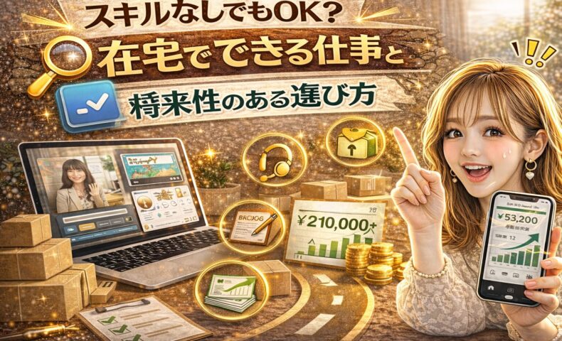 「スキルなしでもOK？在宅でできる仕事と将来性のある選び方」と大きく表示されたアイキャッチ画像。ゴールド基調の背景に、自宅のデスク環境、ノートパソコン、売上グラフ付きスマートフォン、チェックリストや仕事アイコンが配置されている。女性が指を立てて解説している構図。