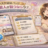 インスタ認証バッジとMeta認証の仕組みを解説するアイキャッチ画像。ピンクとゴールド基調のデザインで、スマホに表示された認証済みインスタプロフィール画面、チェックリスト形式のMeta認証条件、青い認証バッジのアイコンが描かれている。