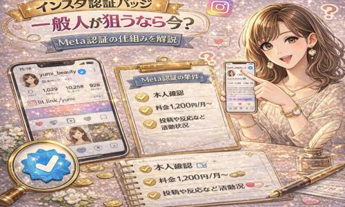 インスタ認証バッジとMeta認証の仕組みを解説するアイキャッチ画像。ピンクとゴールド基調のデザインで、スマホに表示された認証済みインスタプロフィール画面、チェックリスト形式のMeta認証条件、青い認証バッジのアイコンが描かれている。