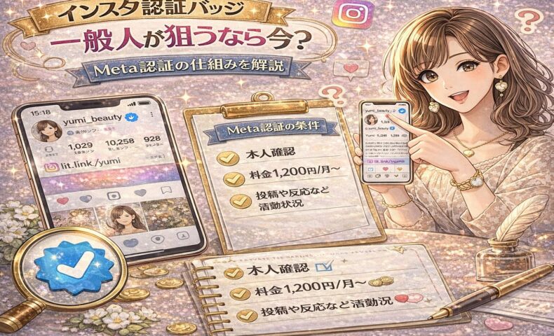 インスタ認証バッジとMeta認証の仕組みを解説するアイキャッチ画像。ピンクとゴールド基調のデザインで、スマホに表示された認証済みインスタプロフィール画面、チェックリスト形式のMeta認証条件、青い認証バッジのアイコンが描かれている。