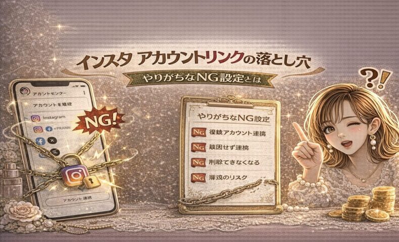 「インスタ アカウントリンクの落とし穴｜やりがちなNG設定とは」と大きく表示されたアイキャッチ画像。ゴールド基調のデザインで、左側にはInstagramと他SNSが鎖でつながれたスマホ画面に「NG！」の赤いマークが付いている。中央には「やりがちなNG設定」と書かれたボードがあり、連携ミスや削除できない設定などの項目が並ぶ。右側には指差しポーズの女性イラストと疑問符が配置されている。
