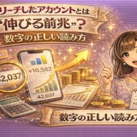 リーチしたアカウント数は伸びる前兆かをテーマに、スマホのインサイト画面と上昇グラフを示しながら女性が指差しているインスタ分析系アイキャッチ画像