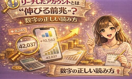 リーチしたアカウント数は伸びる前兆かをテーマに、スマホのインサイト画面と上昇グラフを示しながら女性が指差しているインスタ分析系アイキャッチ画像