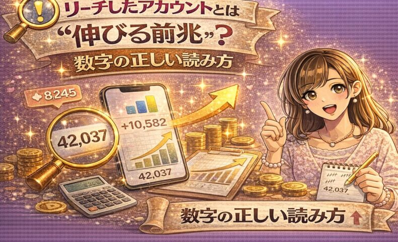 リーチしたアカウント数は伸びる前兆かをテーマに、スマホのインサイト画面と上昇グラフを示しながら女性が指差しているインスタ分析系アイキャッチ画像