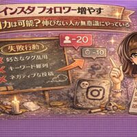 インスタ フォロワー増やす 自力は可能？伸びない人が無意識にやっている失敗をテーマに、失敗行動リストと減少アイコン、Instagramロゴを対比させた戦略解説型アイキャッチ画像