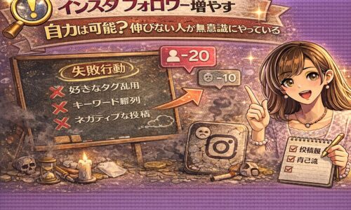 インスタ フォロワー増やす 自力は可能？伸びない人が無意識にやっている失敗をテーマに、失敗行動リストと減少アイコン、Instagramロゴを対比させた戦略解説型アイキャッチ画像