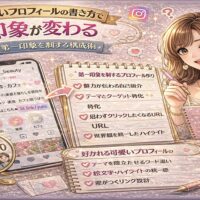 可愛いプロフィールの書き方をテーマにしたアイキャッチ画像。ピンクとゴールド基調のデザインで、スマホに表示されたインスタプロフィール画面と、チェックリスト形式の「第一印象を制する構成術」が描かれている。