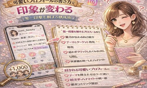 可愛いプロフィールの書き方をテーマにしたアイキャッチ画像。ピンクとゴールド基調のデザインで、スマホに表示されたインスタプロフィール画面と、チェックリスト形式の「第一印象を制する構成術」が描かれている。