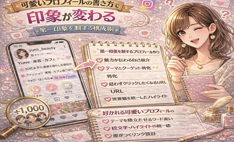 可愛いプロフィールの書き方をテーマにしたアイキャッチ画像。ピンクとゴールド基調のデザインで、スマホに表示されたインスタプロフィール画面と、チェックリスト形式の「第一印象を制する構成術」が描かれている。