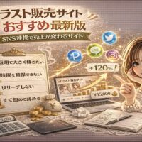 「イラスト販売サイトおすすめ最新版｜SNS連携で売上が変わるサイト」と大きく表示されたアイキャッチ画像。ゴールド基調のデザインで、ノートパソコンに表示されたイラスト販売サイトの画面、売上グラフの上昇矢印、＋120％の数値、コインや電卓が配置されている。右側にはスマホを持つ女性イラストレーターと、Twitter・LINE・InstagramなどのSNSアイコンが浮かび、SNS連携による売上アップを表現している。