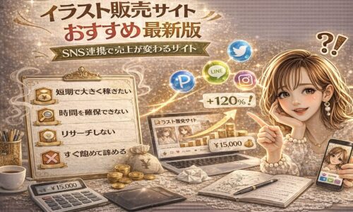 「イラスト販売サイトおすすめ最新版|SNS連携で売上が変わるサイト」と大きく表示されたアイキャッチ画像。ゴールド基調のデザインで、ノートパソコンに表示されたイラスト販売サイトの画面、売上グラフの上昇矢印、+120%の数値、コインや電卓が配置されている。右側にはスマホを持つ女性イラストレーターと、Twitter・LINE・InstagramなどのSNSアイコンが浮かび、SNS連携による売上アップを表現している。