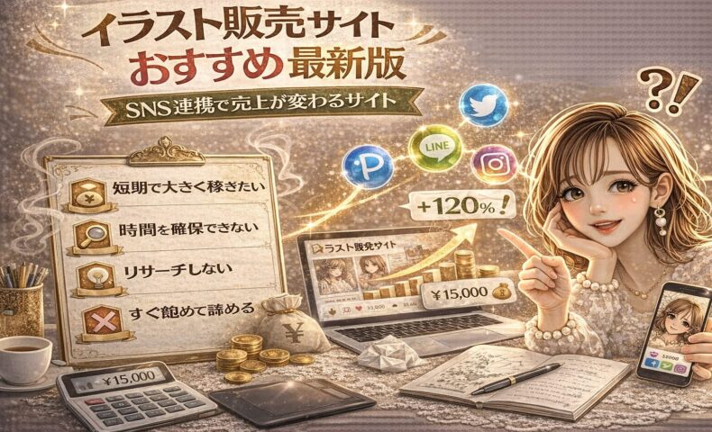 「イラスト販売サイトおすすめ最新版｜SNS連携で売上が変わるサイト」と大きく表示されたアイキャッチ画像。ゴールド基調のデザインで、ノートパソコンに表示されたイラスト販売サイトの画面、売上グラフの上昇矢印、＋120％の数値、コインや電卓が配置されている。右側にはスマホを持つ女性イラストレーターと、Twitter・LINE・InstagramなどのSNSアイコンが浮かび、SNS連携による売上アップを表現している。
