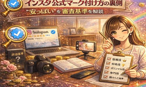インスタ公式マーク付け方の裏側と審査基準をテーマに、Instagramの認証バッジとチェックリスト、パソコン画面や書類を配置した解説型アイキャッチ画像