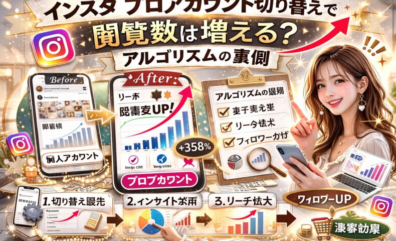 「インスタ プロアカウント切り替えで閲覧数は増える？アルゴリズムの裏側」と大きく表示されたアイキャッチ画像。ゴールドとベージュを基調に、Before（個人アカウント）とAfter（プロアカウント）の比較グラフ、閲覧数UPを示す赤い矢印、アルゴリズムチェックリスト、スマートフォンを持つ女性が配置されたマーケティング風デザイン。