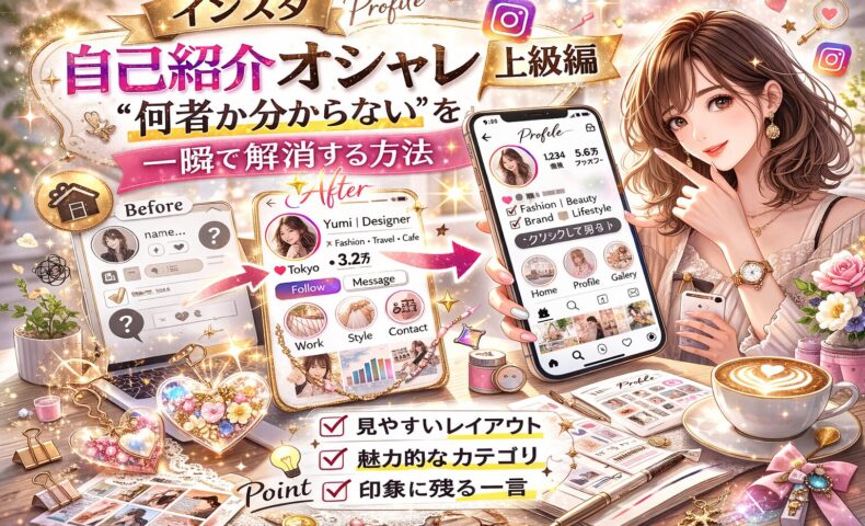 インスタ自己紹介オシャレ上級編のアイキャッチ画像。女性がスマホを指差し、Before→Afterでプロフィール改善例を解説し、「“何者か分からない”を一瞬で解消する方法」と大きく表示されたデザイン。