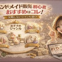 「ハンドメイド販売 初心者 おすすめはコレ！失敗しないジャンル選び」と大きく表示されたアイキャッチ画像。ゴールド基調のデザインで、中央に「おすすめジャンル」と書かれたボードがあり、アクセサリー・キャンドル・コスメ・バッグの4ジャンルが円形フレームで紹介されている。右側には指差しポーズの女性イラストが配置され、ノートパソコンやスマホ画面、コインが並び、販売と売上アップを連想させる構成。