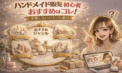 「ハンドメイド販売 初心者 おすすめはコレ！失敗しないジャンル選び」と大きく表示されたアイキャッチ画像。ゴールド基調のデザインで、中央に「おすすめジャンル」と書かれたボードがあり、アクセサリー・キャンドル・コスメ・バッグの4ジャンルが円形フレームで紹介されている。右側には指差しポーズの女性イラストが配置され、ノートパソコンやスマホ画面、コインが並び、販売と売上アップを連想させる構成。