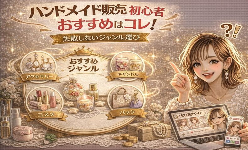 「ハンドメイド販売 初心者 おすすめはコレ！失敗しないジャンル選び」と大きく表示されたアイキャッチ画像。ゴールド基調のデザインで、中央に「おすすめジャンル」と書かれたボードがあり、アクセサリー・キャンドル・コスメ・バッグの4ジャンルが円形フレームで紹介されている。右側には指差しポーズの女性イラストが配置され、ノートパソコンやスマホ画面、コインが並び、販売と売上アップを連想させる構成。