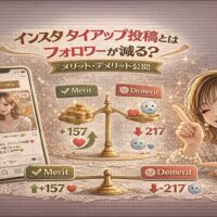 「インスタ タイアップ投稿とはフォロワーが減る？メリット・デメリット公開」と大きく表示されたアイキャッチ画像。中央に天秤が配置され、左側のメリットにはコインと「＋157」の上向き矢印、右側のデメリットには「−217」の下向き矢印と悲しい顔アイコンが表示されている。左にはPR付きのInstagram投稿画面、右には指差しポーズの女性イラストがあり、メリットとデメリットを比較する構成。